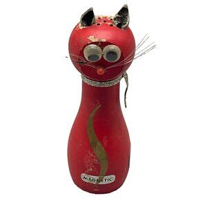 vintage 1950s wood cat salt shaker red black ears gold collar bell magnetic READ